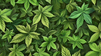 Herbal leaves in a seamless pattern, soothing herbal green background, suitable for a health and wellness magazine cover, eyelevel view