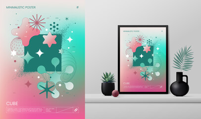 Vector gradient rave Poster with strange wireframes assets of geometrical shapes Y2K design inspired by brutalism and mockup in the interior, turquoise square with spray effect, particle explosion