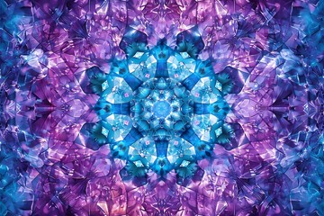 A mesmerizing kaleidoscope pattern in a professional color palette of purples and teals, creating a sense of hypnotic movement. Well-suited for advertising or packaging design.