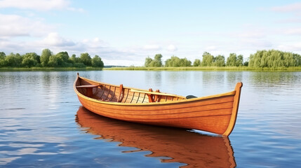 Obraz premium Paddle-equipped wooden boat isolated on a stark white background