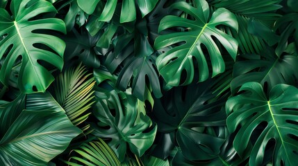Monstera and palm leaves in a seamless pattern, bold emerald background, trendy for a home decor magazine cover, from above