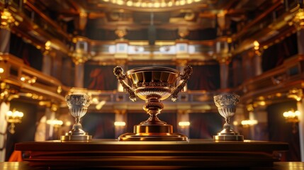 A 3D visualization of a competitive event podium featuring a gold trophy with intricate designs on the highest step