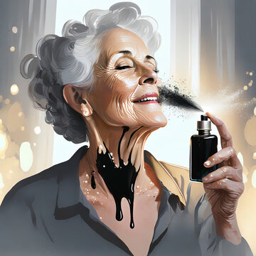Ironic illustration of senior woman perfuming herself with tar representing the petroleum-derived chemicals presents in personal care products. Endocrine disruptors. Carcinogenic substances.