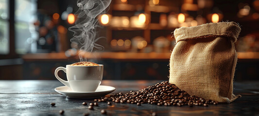 hot coffee with smoke coming out on a white cup and white plate. a bag with coffee beans coming out of the bag on a dark countertop. Photorealistic.