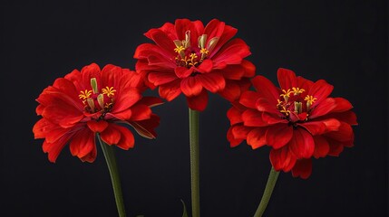Three red zinnias are in focus against a black background.

