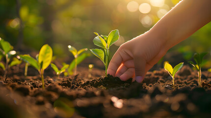 Closeup of hands planting a young tree in soil outdoors concept for the environment and world earth day background