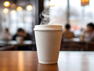 White Coffee cup with cough and blurred people in cafe background