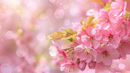 A close-up of a branch of cherry blossoms. The delicate pink and white flowers are in full bloom against a blurry background of pale pink blossoms.

