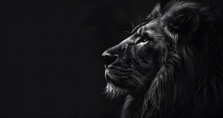 Black and white photography of a majestic lion with a dark background