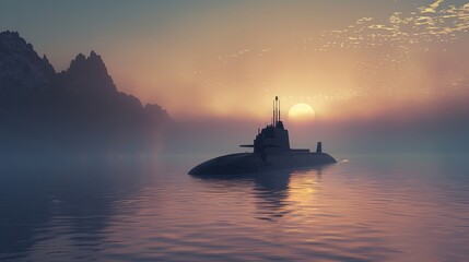 Submarine at dawn with the sun rising over misty waters and a rugged coastline in the background