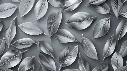 Silver leaf designs, seamless vector pattern, metallic gray background, luxurious for a highend design magazine cover, eyelevel shot