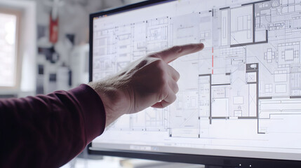 Close up of an architect's hand pointing at interior design blueprints on a screen in a modern office