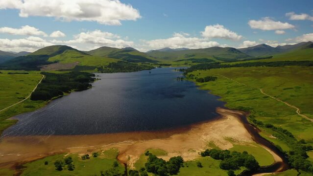 Scottish Highlands, Aerial View Over Loch Tulla Near Glencoe In Scotland, United Kingdom. Scottish Landscape, Loch's and Mountains.