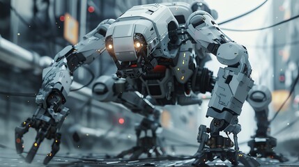 Futuristic robot in an industrial complex, with illuminated optics and complex mechanics, symbolizing advanced AI