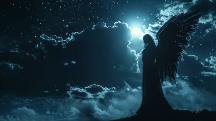 Fototapeta premium Majestic winged figure against a starlit sky offering a serene celestial scene