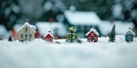 Tiny houses covered in snow depicting a charming miniature winter village.