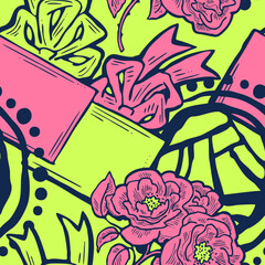 Gift box, ribbon and flowers seamless vector pattern for wrapping present with bow, party celebration, sale promotion, Textile print, fabric design, banner background. Hand drawn style illustration.