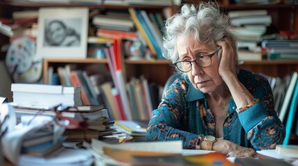 Fototapeta premium a senior woman at her home office looking overwhelmed and holding her head