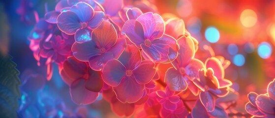 Elegant Wildflower Neon Dance: Graceful neon lights adorn wavy wildflower mophead hydrangea.