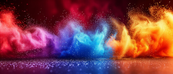 Background of sparkling dust clouds, with hues of red, purple, blue, and gold, creating a colorful visual spectrum on a dark backdrop. A Burst of Colored Dust and Glitter