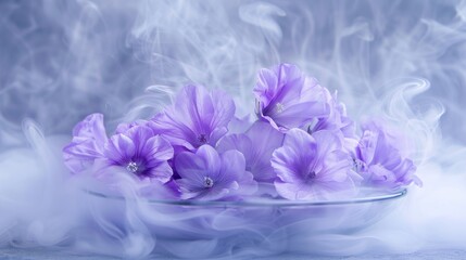 Delicate purple flowers in a dish surrounded by soft ethereal smoke on a blue background.