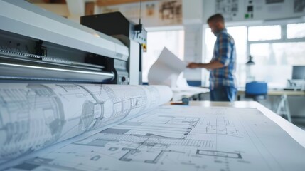 a professional large format plotter in an engineering office actively printing detailed architectural blueprints