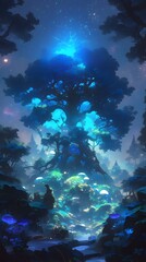 Fototapeta na wymiar Glowing Bioluminescent Fungi Illuminating a Magical Enchanted Forest Landscape under the Starry Night Sky