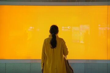 App screen indian woman in her 50s in front of a interactive digital board with an entirely yellow screen