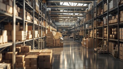a vast warehouse space rows upon rows of shelving units stacked with cardboard packages