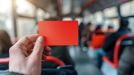 Close-up of a hand holding a blank red card inside a bus with passengers in the background.