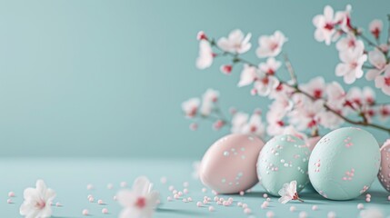 Elegant Easter composition with pastel eggs and delicate cherry blossoms on a soft background.