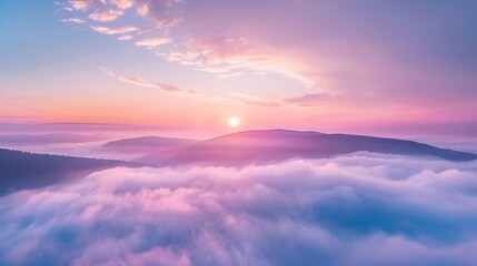 Serene sunrise enveloping mountains in a soft mist, painting the sky in pastel hues.