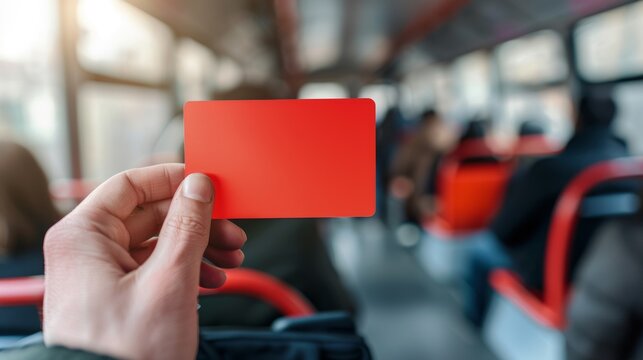 Close-up of a hand holding a blank red card inside a bus with passengers in the background.