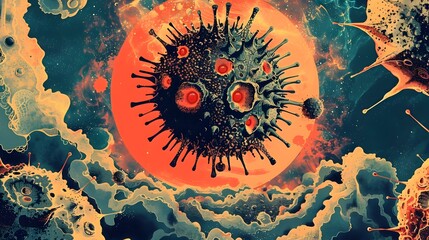 Retrofuturistic Dystopian Poster of Endospore Conflict Between Antibiotics and Superbugs