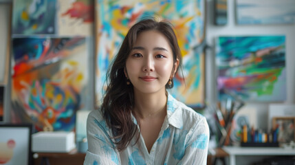 A radiant young female artist smiles gently, surrounded by her vibrant and expressive artwork, in a studio filled with creativity and inspiration.
