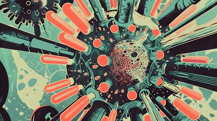 Retrofuturistic Molecular Warfare Poster with Bacillus Endospore at the Center of a Technological Conflict Between Antibiotics and Superbugs
