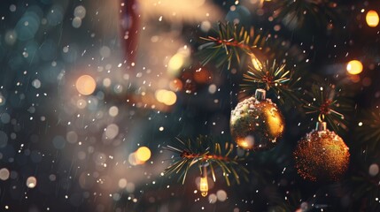 Close-up of sparkling Christmas baubles on tree branches amidst a gentle snowfall.