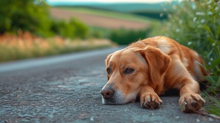 Dog is waiting for the owner on the way. Labrador retriever dog is lying on the ground on a path outside in nature. 