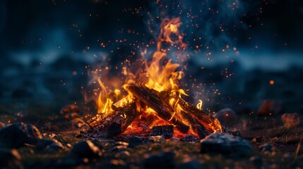 Burning wood at night. Campfire at touristic camp at nature in mountains. Flame and fire sparks on dark abstract background. Cooking barbecue outdoor. Hellish fire element. 
