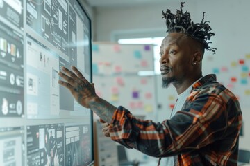 Application mockup afro-american man in his 40s in front of a interactive digital board with a fully grey screen