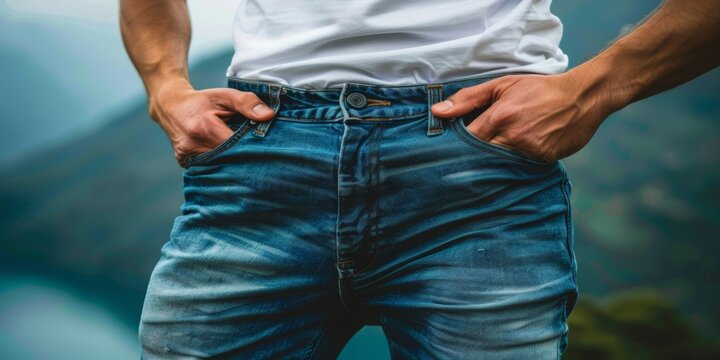A close-up of a man's hands showing empty pockets of his blue jeans, symbolizing a lack of money or poverty.