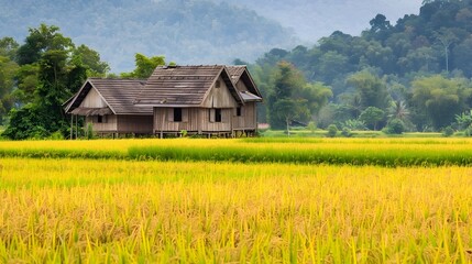 Tranquil Rural Village Nestled Amidst Vibrant Rice Fields