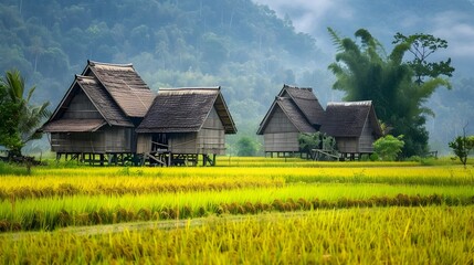 Tranquil Wooden Cottages Amidst Lush Rice Paddies in Idyllic Rural Landscape
