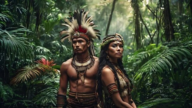 Portrait of native tribe warriors, man and woman, in rainforest, generative ai
