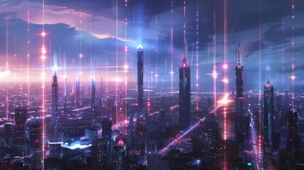 Fototapeta premium Futuristic Cityscape Glowing with Radiant Energy Waves,Showcasing the Pulse of Emerging Telecom