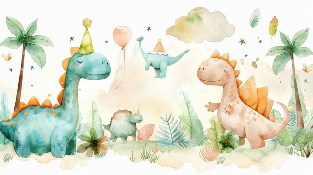 A group of dinosaurs are in a jungle with a birthday party theme. A dinosaur is wearing a hat and holding a balloon. Watercolor painting style.