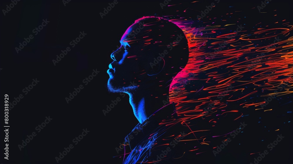 Poster man with vibrant neon light trails emanating from head