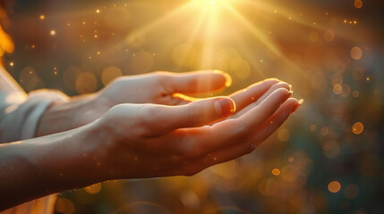 close-up of female hands being illuminated from heaven, the power of praying, receiving blessings and miracles, faith in jesus christ