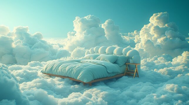 Whimsical digital painting of a soft bed with gossamer bedding on a cumulonimbus cloud a golden ladder anchored in the skies