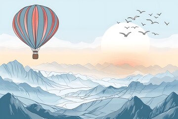 A minimalist line art illustration of a hot air balloon floating over a breathtaking mountain landscape, ideal for travel brochures or posters.